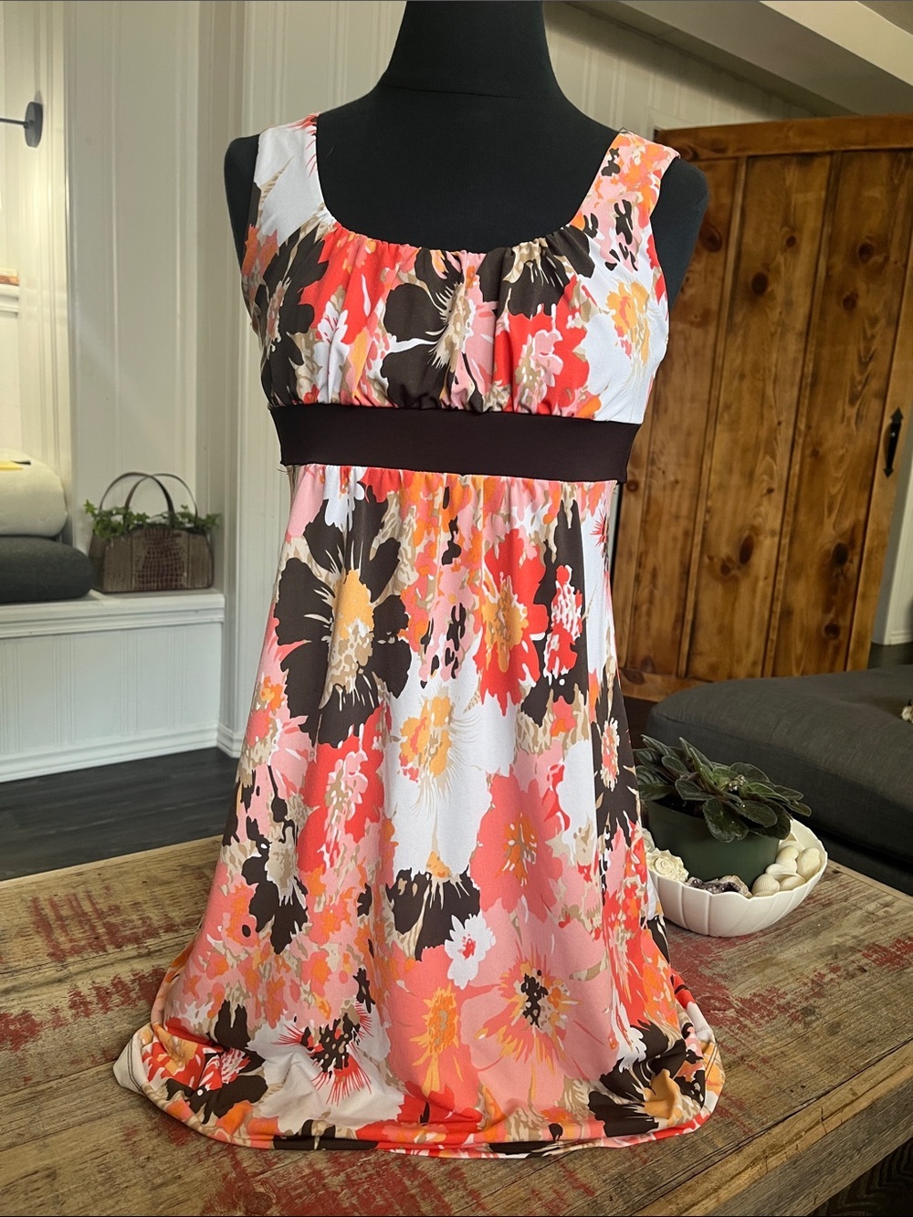 Suzy Shier Floral Empire-Waist Mini Dress in Coral, Pink, Brown & White